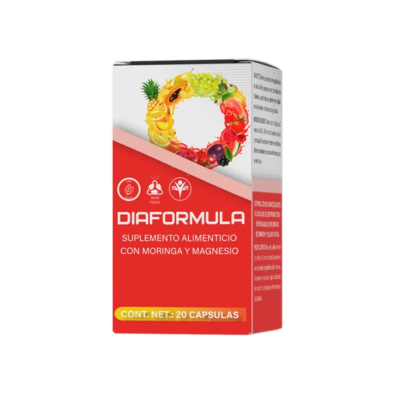 Diaformula — frasco y caja del suplemento alimenticio en cápsulas con moringa y magnesio, 20 cápsulas